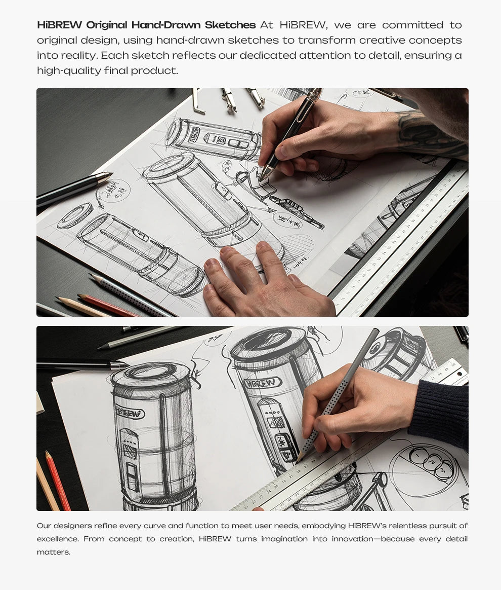 Hand-drawn design sketches of a portable HiBREW coffee maker, showcasing cylindrical construction and button layout.