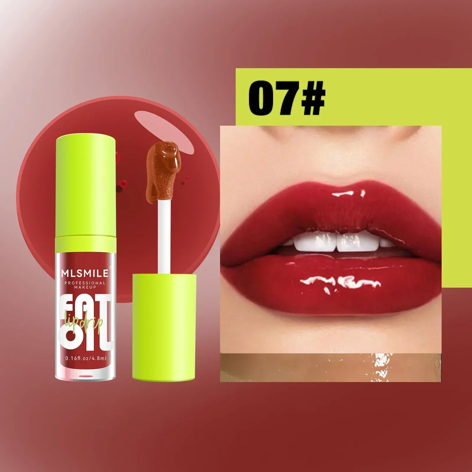 MLSMILE moisturizing red lip plumper gloss with a high-shine, nutritious, non-sticky liquid formula. Shade 07.
