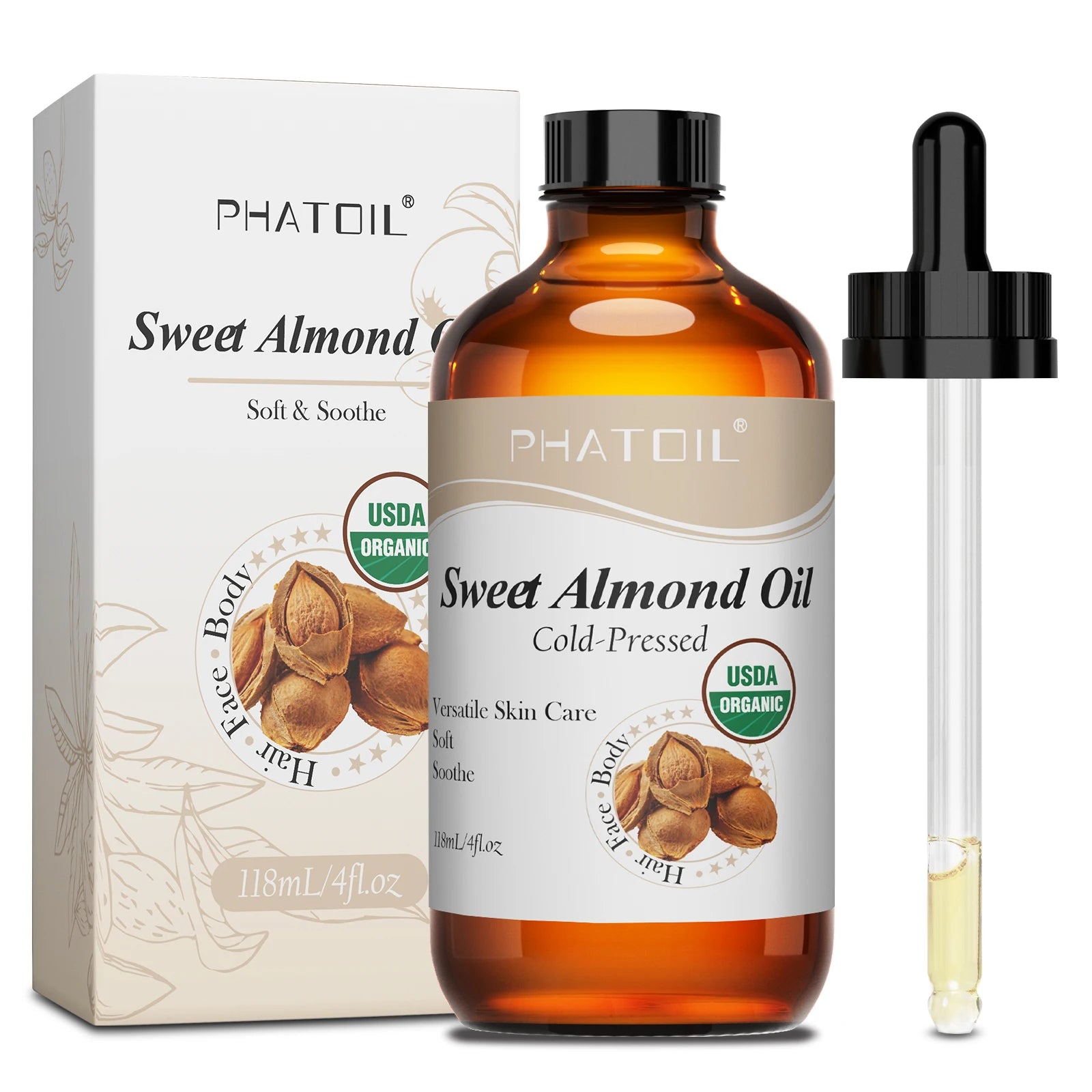 Sweet almond oil facial oil bottle with black cap, dropper and boxed packaging, 118ml
