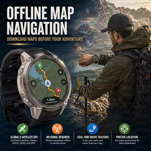 Black and silver GPS smartwatch with black strap, screen showing offline map navigation.