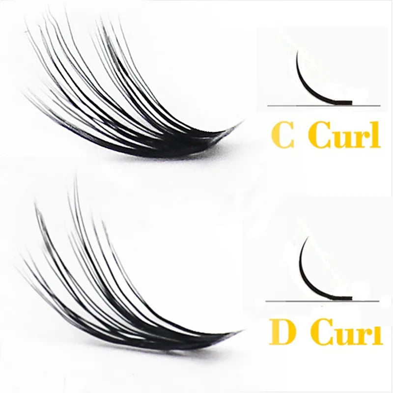 Black 3D mink individual eyelash clusters showing C-curl and D-curl styles for natural volume extensions.