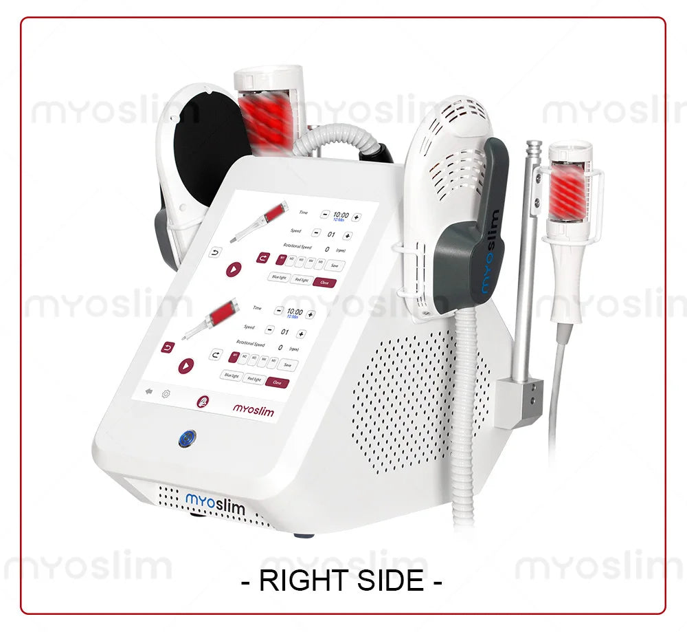 White Myoslim EMS body sculpt machine with touch screen, inner ball roller handpieces, and red light therapy rollers.