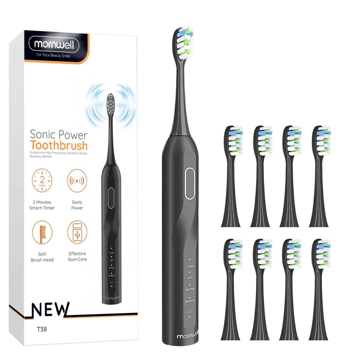 Mornwell T38 Electric Sonic Toothbrush USB Charge Rechargeable Waterproof Electronic Tooth Brushes 8 Replacement Heads Adult