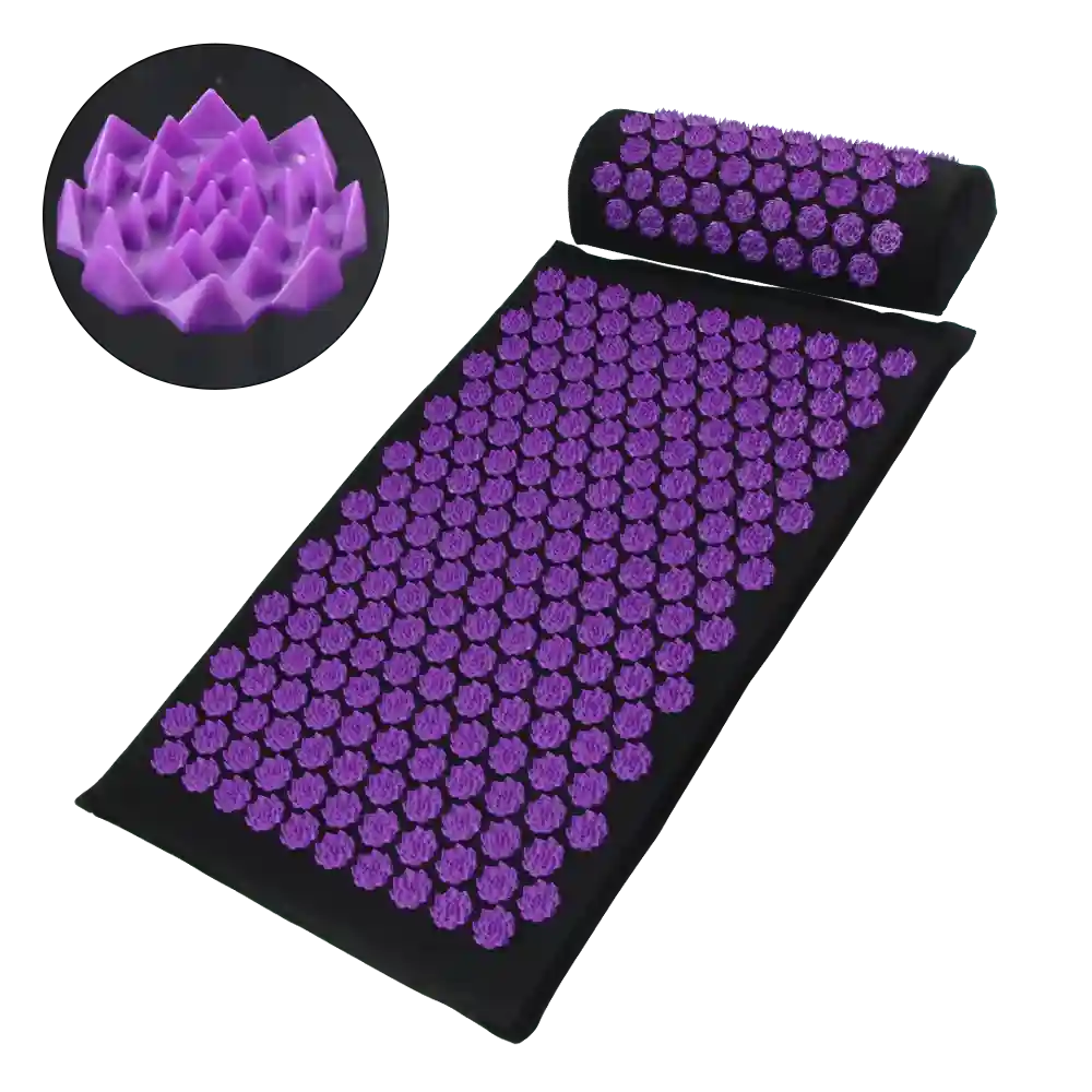 Black acupressure mat and pillow set with purple flower-shaped spike clusters, featuring a zoomed-in detail of a spike.