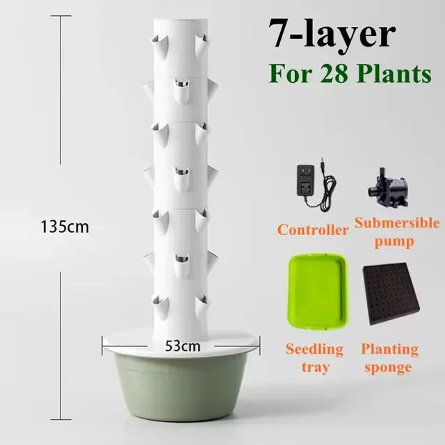 7-layer vertical aeroponic tower garden with seedling tray, planting sponge, and pump