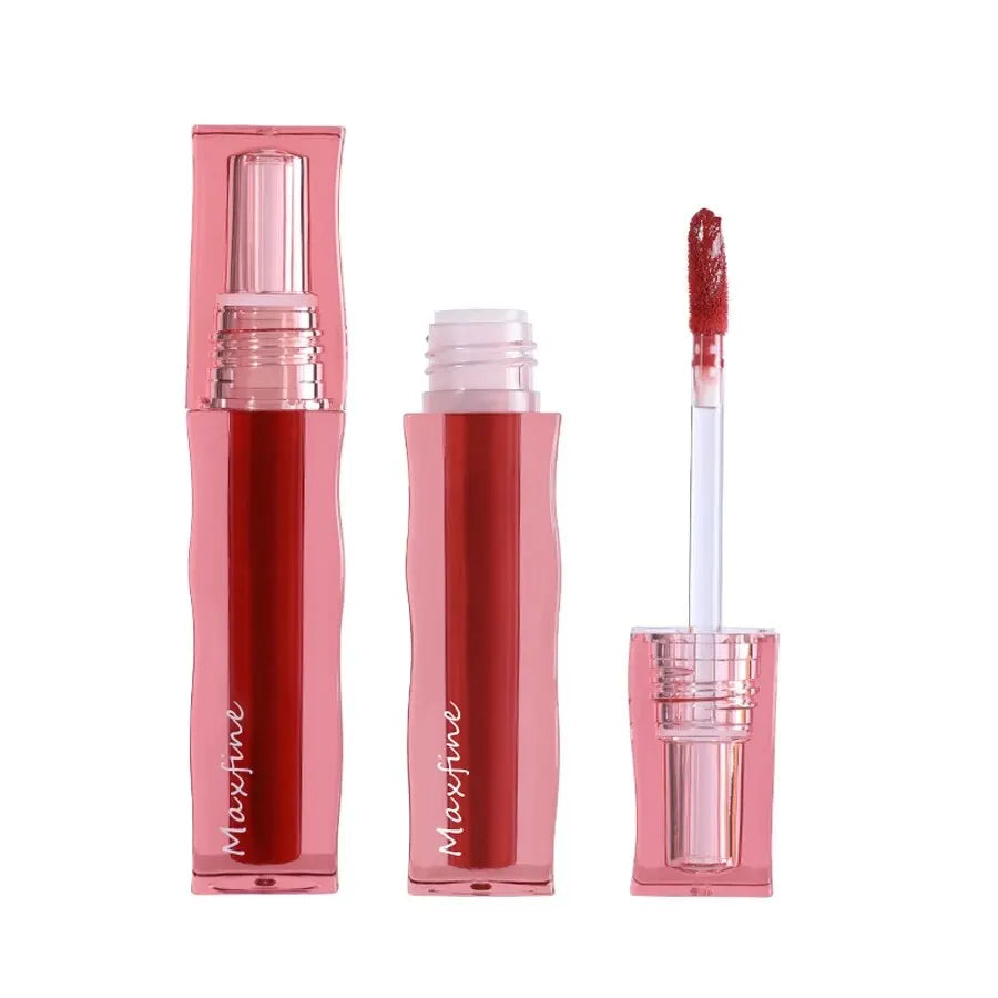 Maxfine moisturizing liquid lipstick with high-pigment red formula in a sleek, non-stick, waterproof lip glaze bottle.