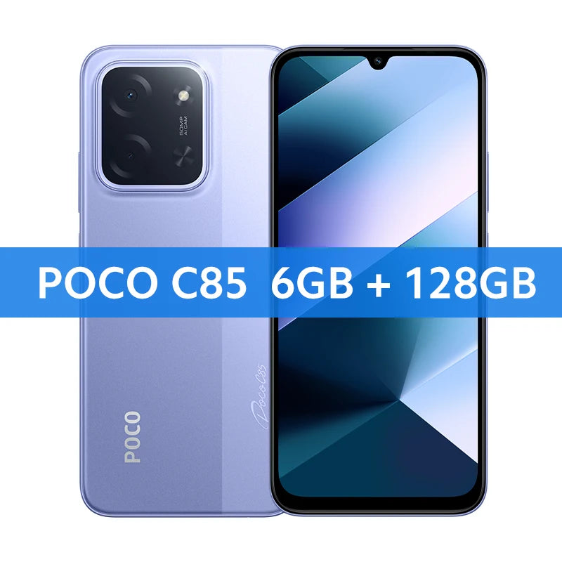 Purple POCO C85 smartphone: 6.9" Dot Drop display, 50MP camera, 6GB RAM, 128GB storage, front and back view.