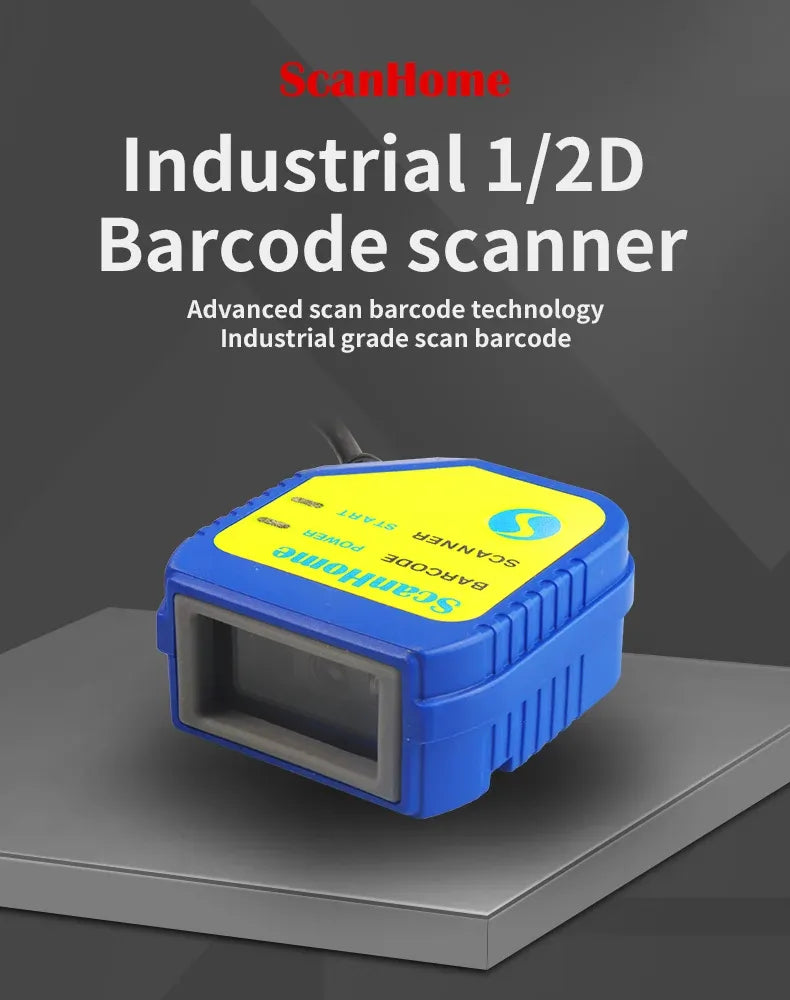 Blue industrial 1D/2D barcode scanner with yellow top label and front window, angled
