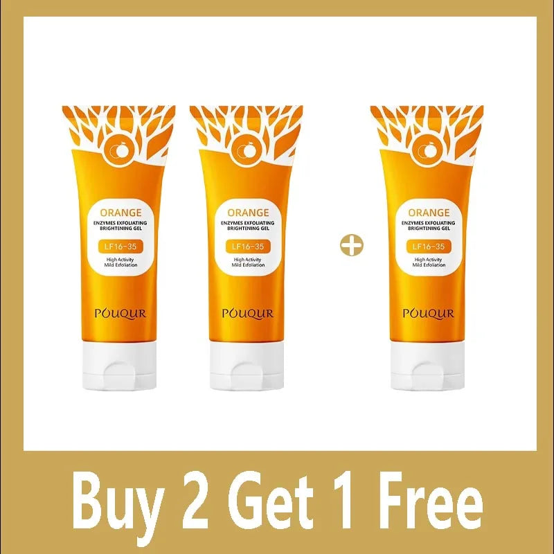 Three orange and white tubes of Pouqur exfoliating facial gel, shown with a "Buy 2 Get 1 Free" promotional text.