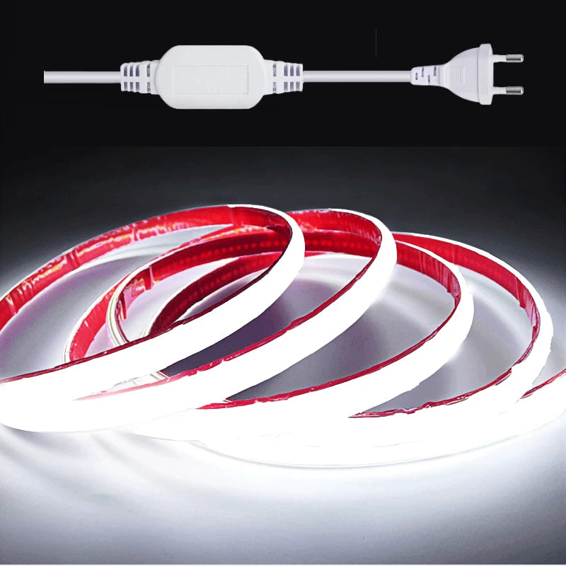 Super Bright 220V COB LED Strip Light EU/AU Power Plug Adhesive Tape Flexible Ribbon Waterproof For Outdoor Lighting Decoration