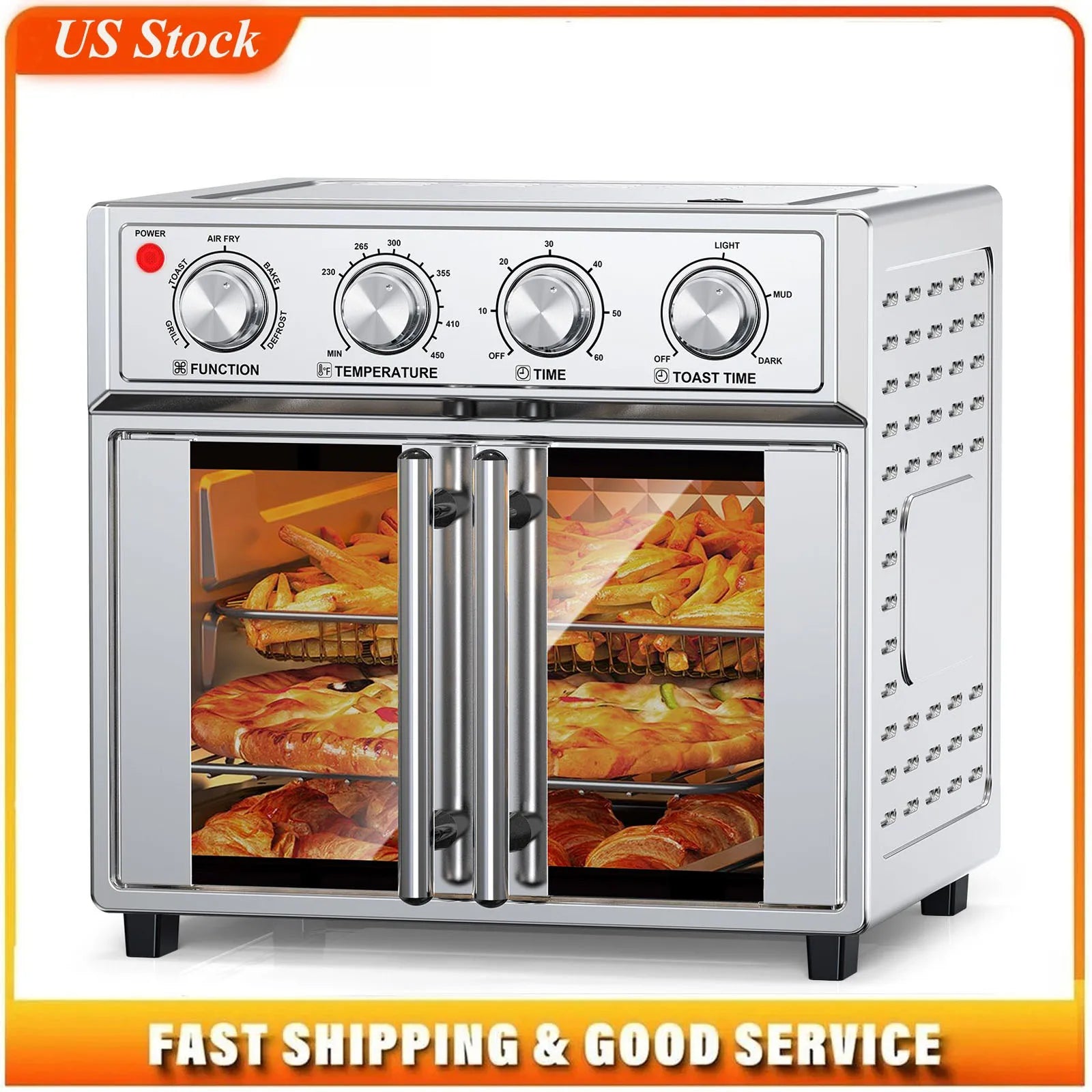 29.5 QT French Door Air Fryer Convection Toaster Oven, Extra Large 6 Slices, 1700W, Multifunction Oven for Air Fryer, Toast, Grill, Defrost, Bake, Time and Temperature Controls, Silver