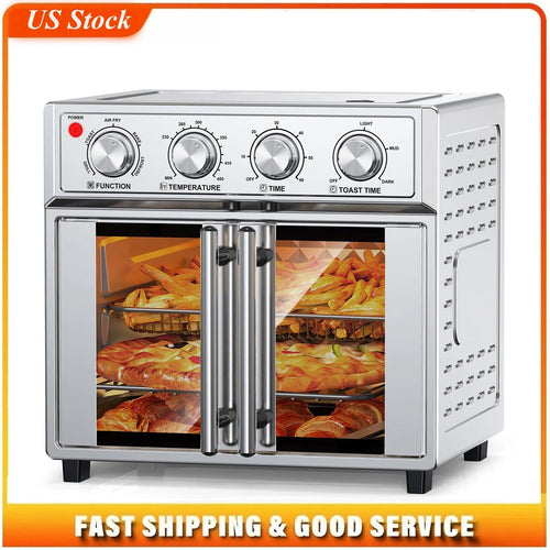 Silver French door air fryer toaster oven with dual doors and control knobs