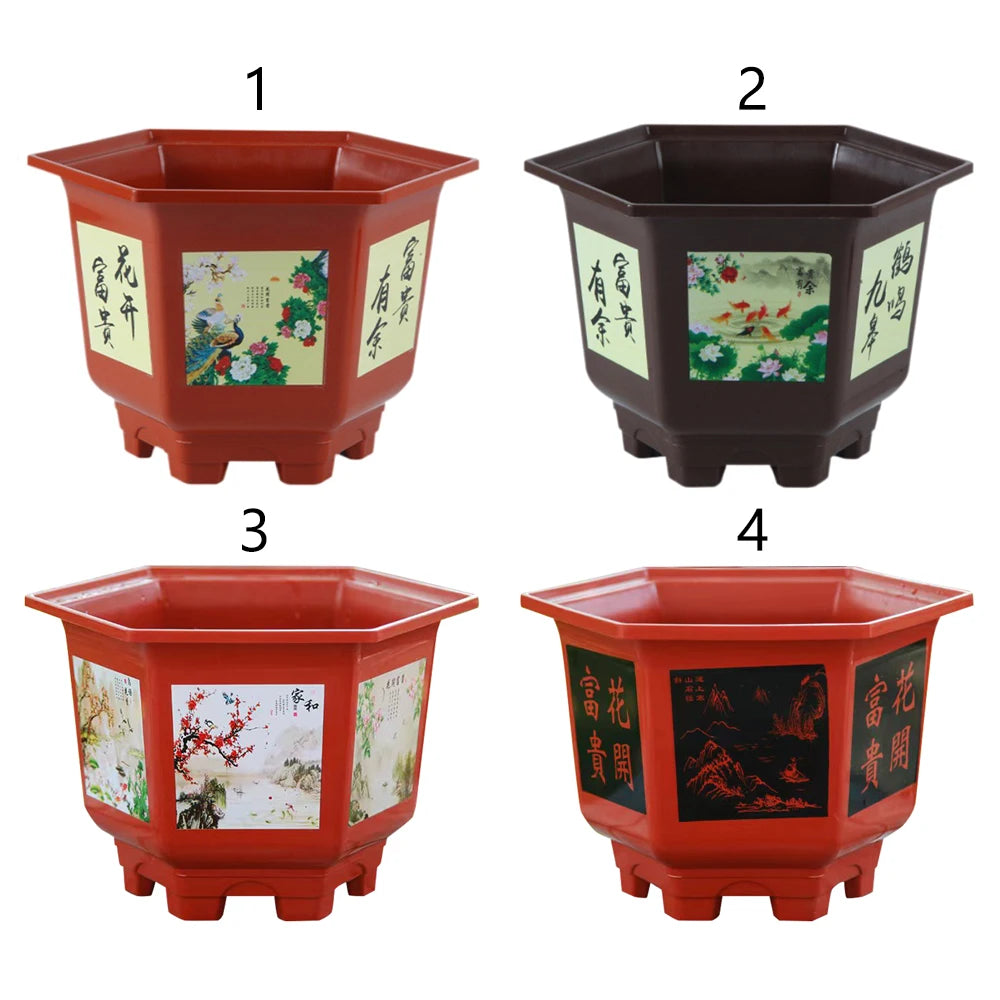 Octagonal resin flower pots shown in four color/design options: red and dark gray.
