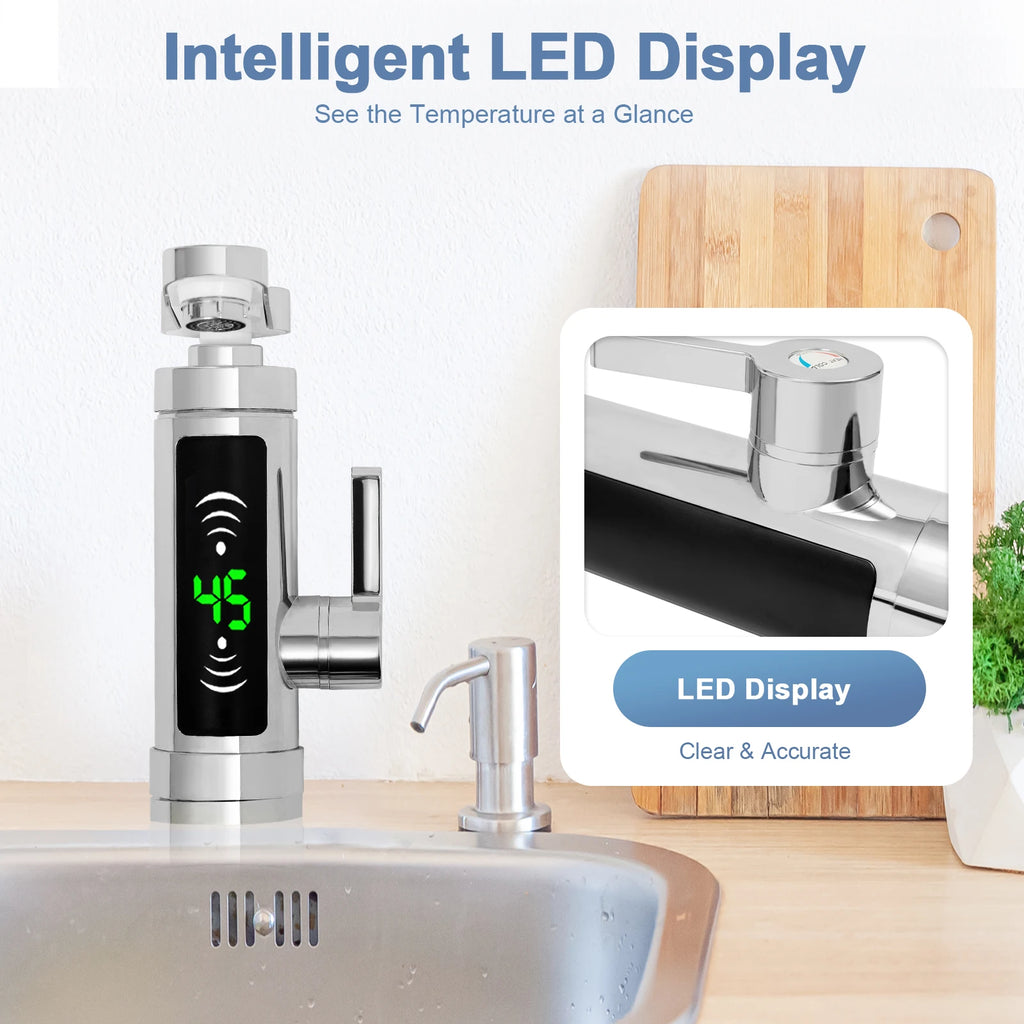 3000W Electric Kitchen Water Heater Tap Stainless Steel LED Digital Water Heater Faucet Heater With Universal Adapter Nozzle