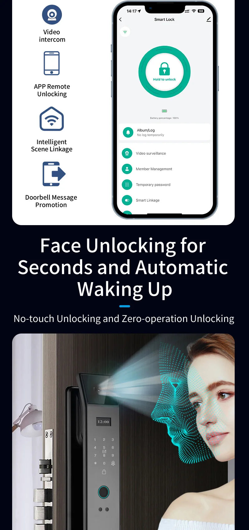 3D Face Real-time Intercom Smart Door Lock Biometric Electronic Security Camera Intelligent Fingerprint Password Key Unlock