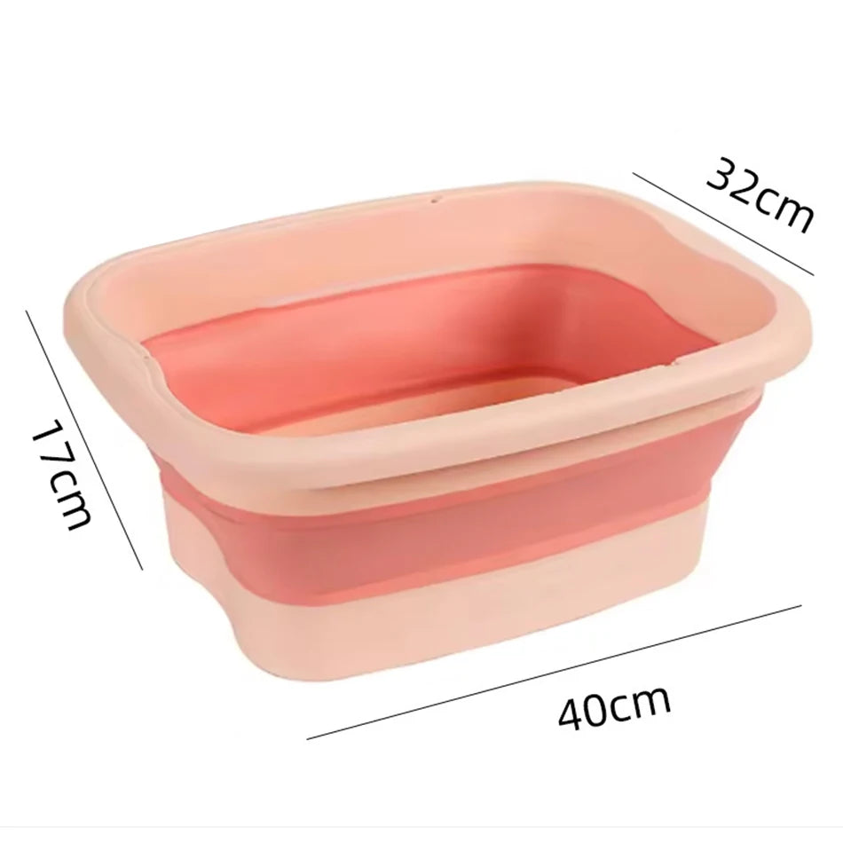 Pink foldable foot bath tub, portable silicone basin for travel and home use with dimensions 40x32x17cm.