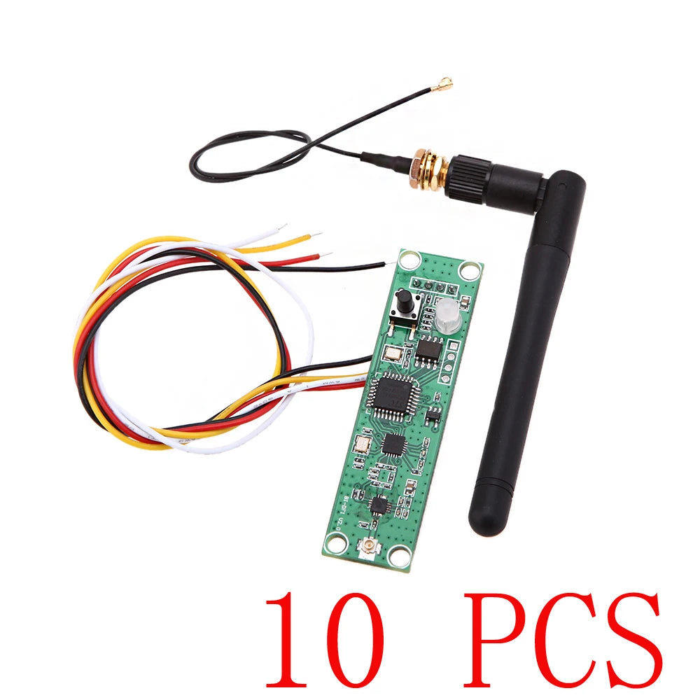 Green DMX wireless controller PCB module with antenna rod, wiring harness, and 10 pcs label