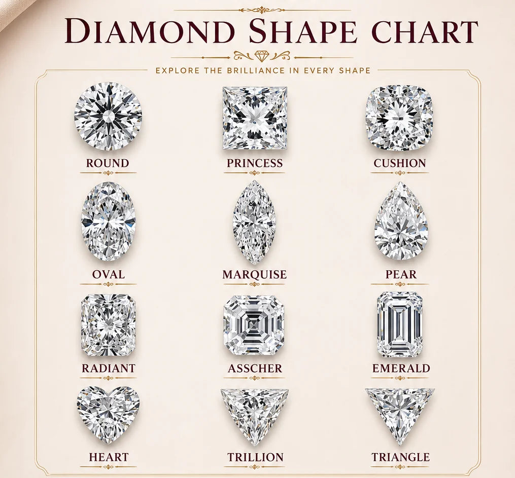 Diamond shape chart showing cut shapes like round, princess, cushion, oval, pear