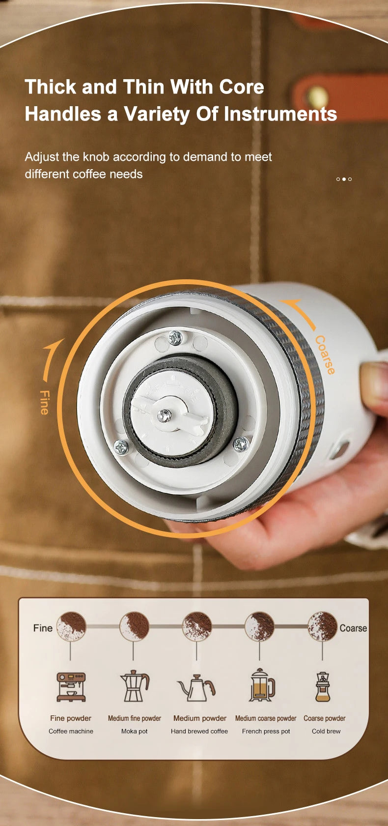 Handheld white manual coffee grinder with adjustable burr settings for fine to coarse brewing methods.