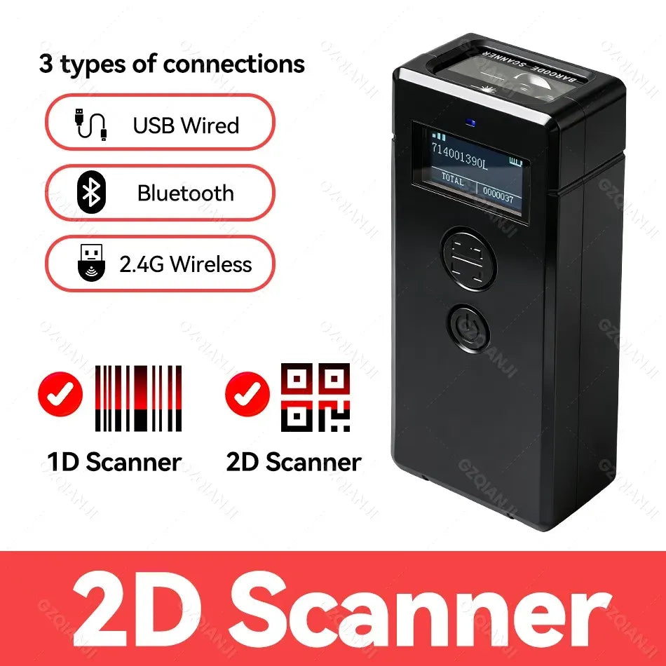Black handheld barcode scanner with top scan window and front display