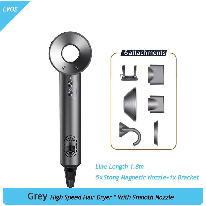 Grey 1600W high-speed ionic hair dryer with 6 magnetic attachments and wall bracket for professional salon results.