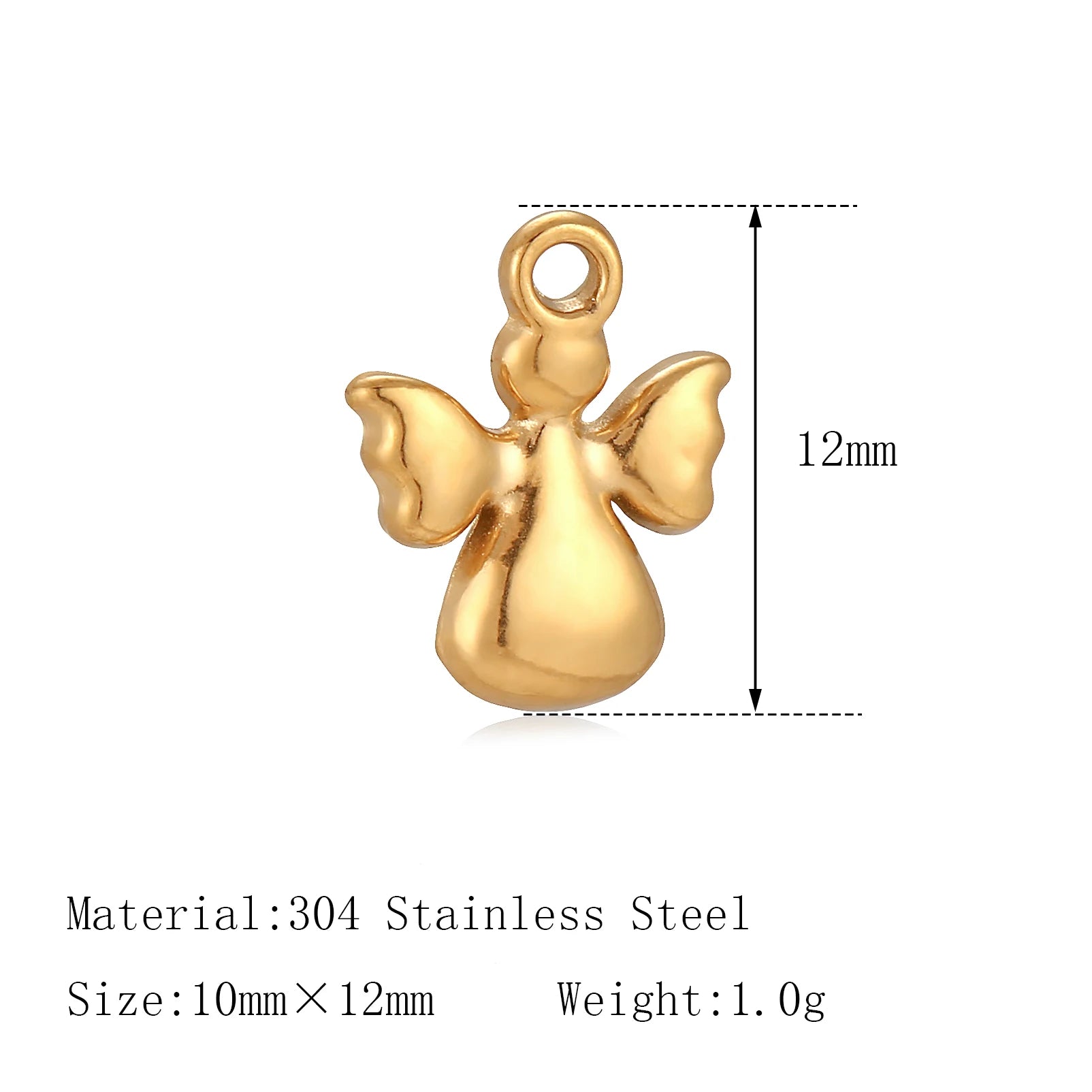 Gold angel charm, 10x12mm 304 stainless steel pendant for DIY pet collars, bracelets, and memorial jewelry making.