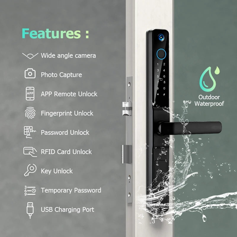 Smart Lock with Camera Door Viewer Waterproof IP66 Tuya WiFi Fingerprint Password Sliding RFID Card Sliding Electronic Door Lock