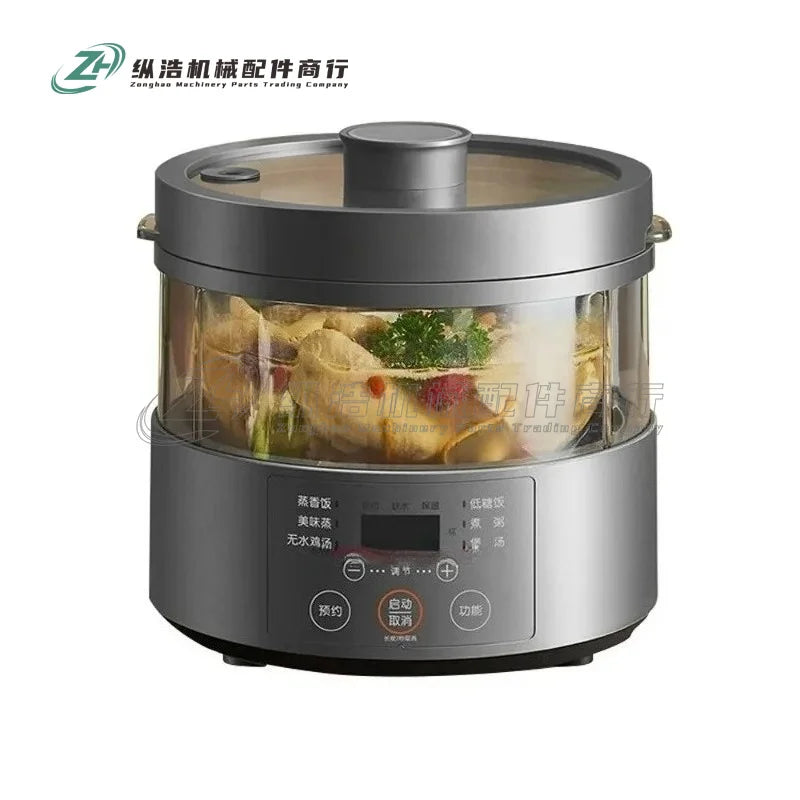 Multi-cooker rice steamer with dark gray exterior, clear steaming chamber and control panel