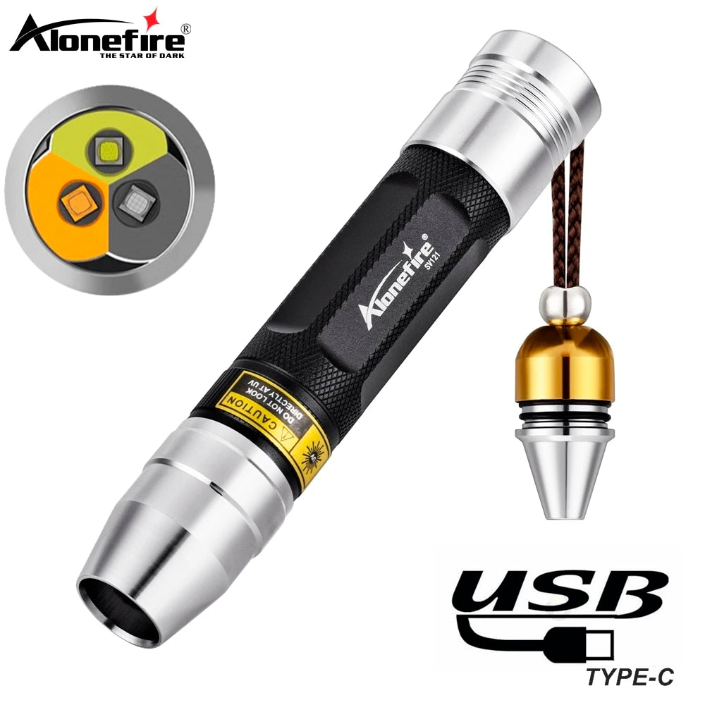 USB rechargeable 3-in-1 UV flashlight for pet stain detection, jade testing, and scorpion lighting in black and silver.