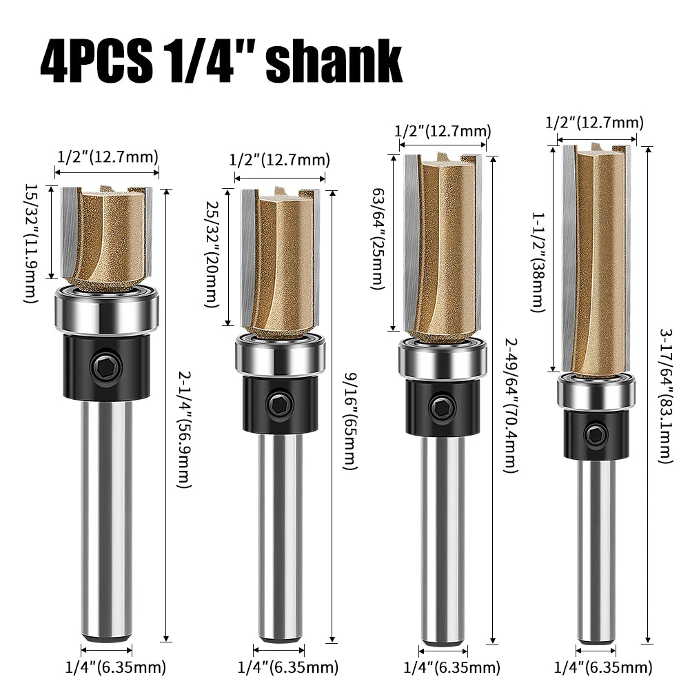 Set of 4 straight router bits with bearing, 6.35mm shank, gold carbide sizes shown