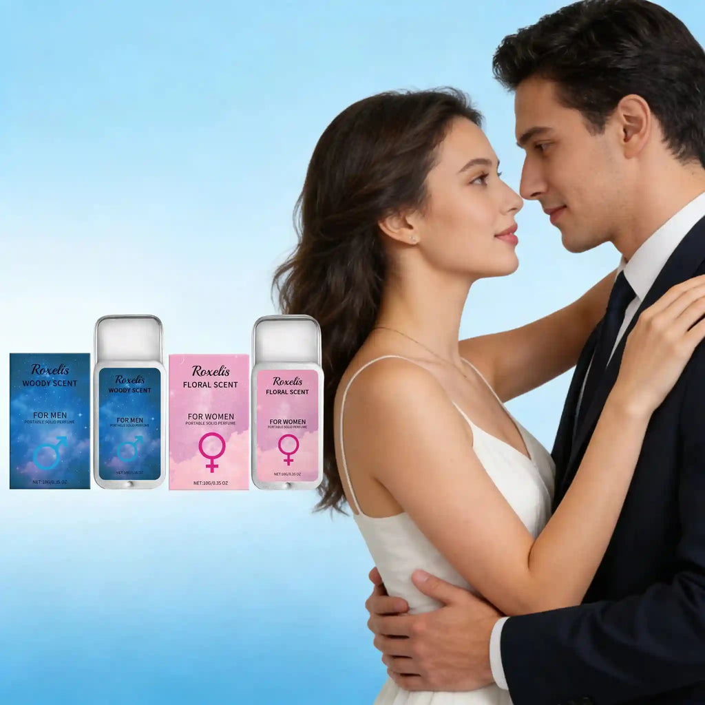 Roxelis couple’s solid perfume: woody for men, floral for women. Portable tin balm set for long-lasting fragrance.