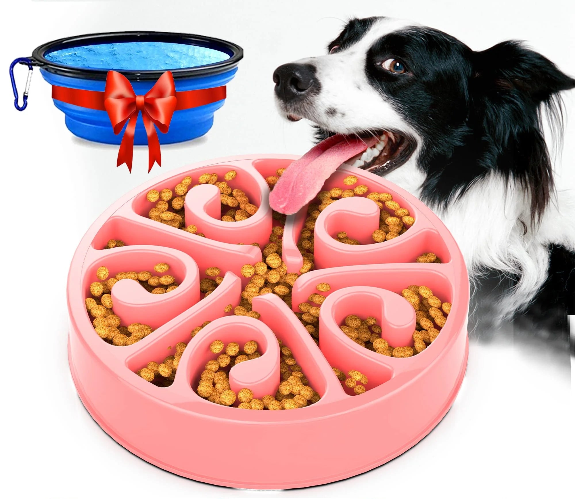 Dog eating from a pink non-slip slow feeder bowl to prevent gulping, includes bonus blue collapsible travel bowl.