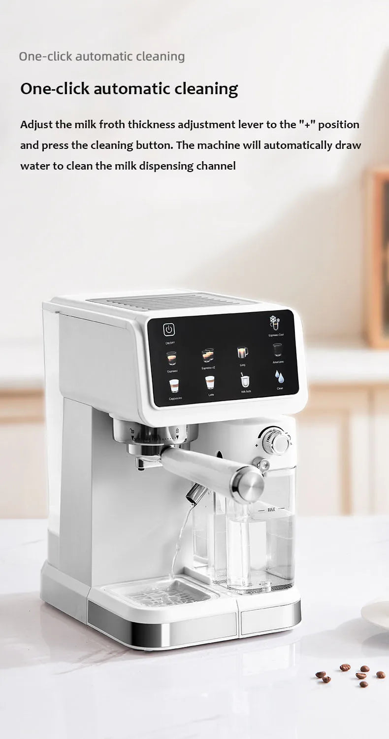 White automatic espresso machine with milk frother, touchscreen interface, and self-cleaning function on kitchen counter.