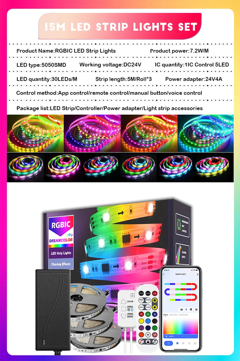 WS2811 Dreamcolor LED Strip Lights,16.4ft/5m RGBIC TUYA WiFi Phone App Controlled Waterproof Smart Music Sync Light Strip
