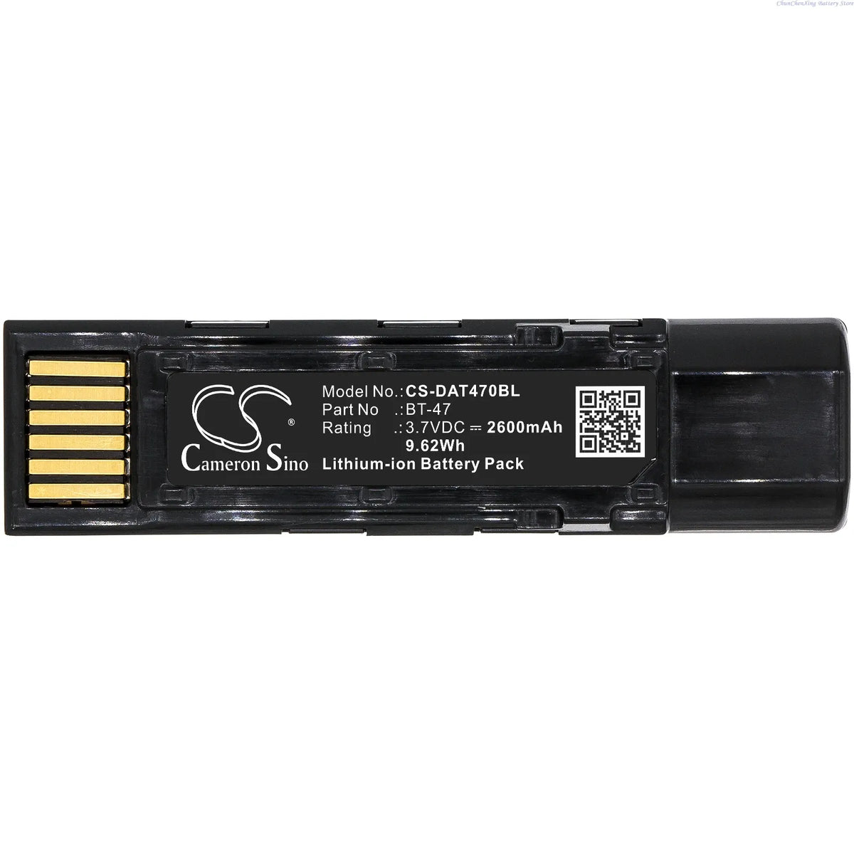 Black barcode scanner battery cartridge with gold contacts; 2600mAh label and QR code