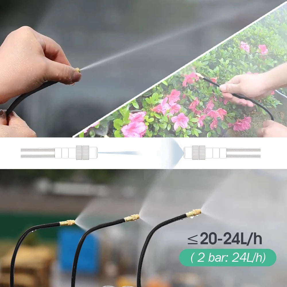 Hands using a flexible black misting watering hose over flowering plants and leaves