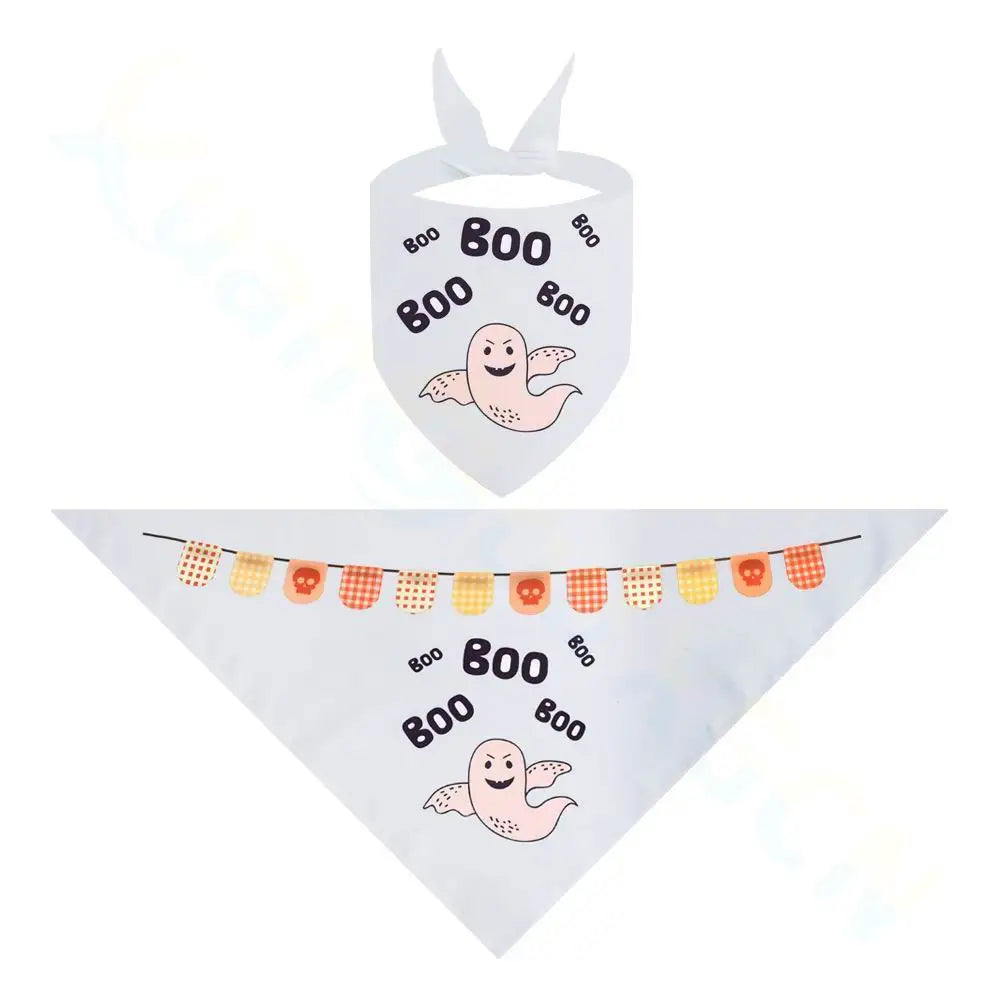 White Halloween dog and cat bandana with ghost and pumpkin bunting print for cute pet costume and festive dressing up.