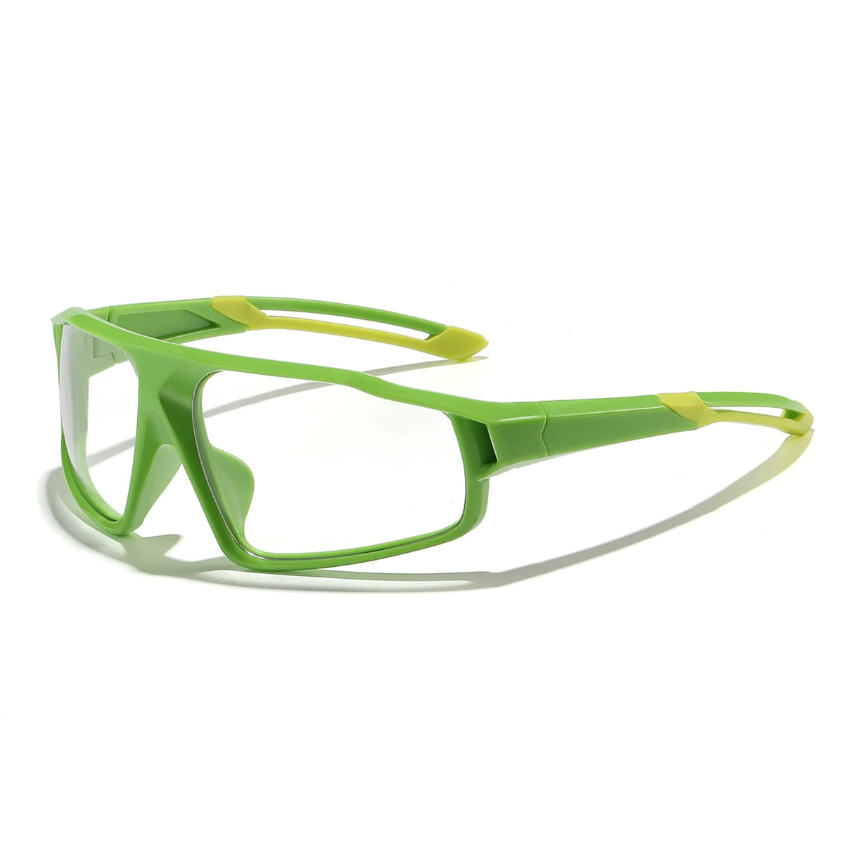 Photochromic sports eyeglasses with neon green frame and clear lens inserts