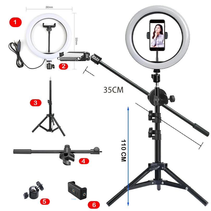 12-inch LED ring light with phone holder, 110cm tripod, and overhead boom arm for photography and video recording.