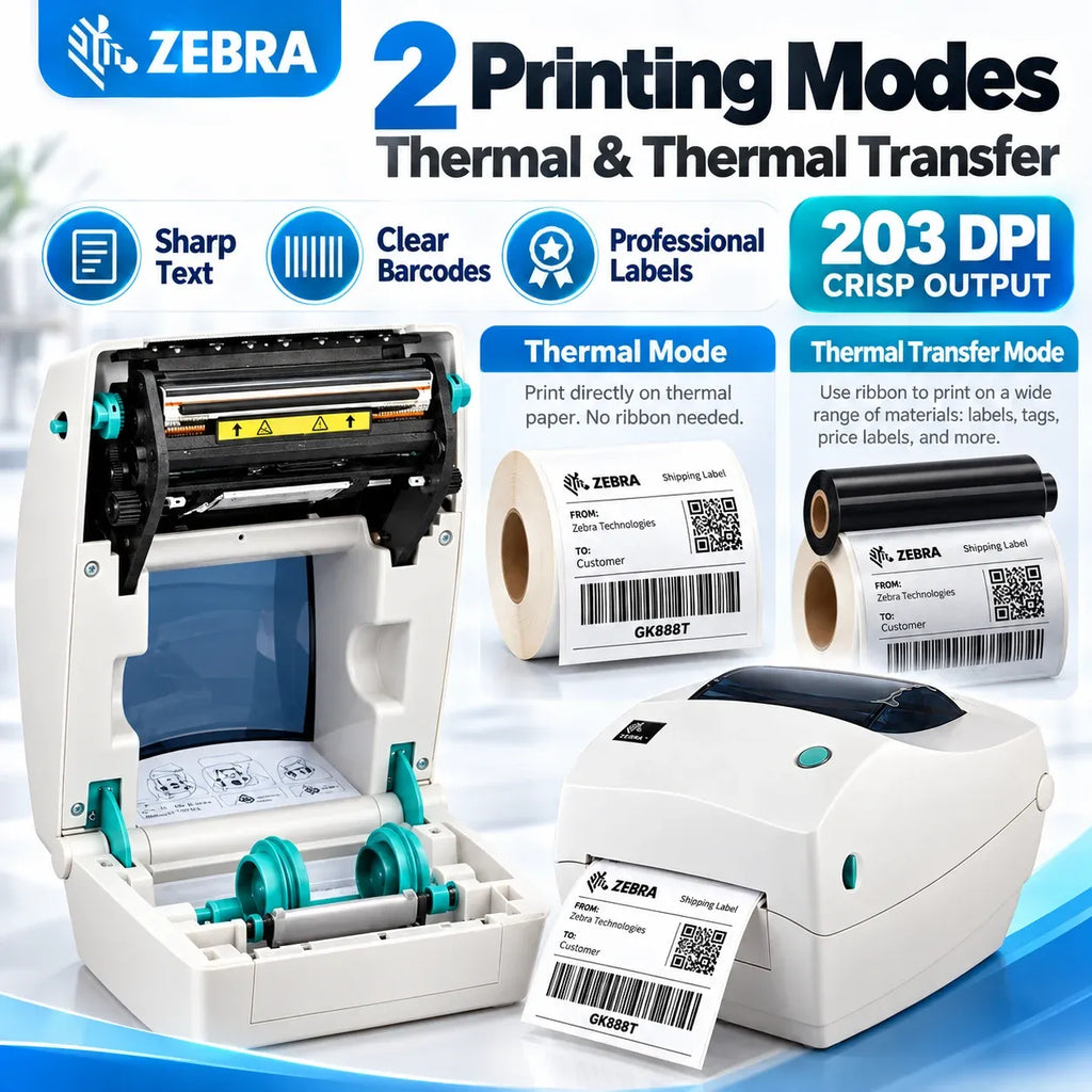 Desktop label printer displaying thermal and thermal transfer printing modes