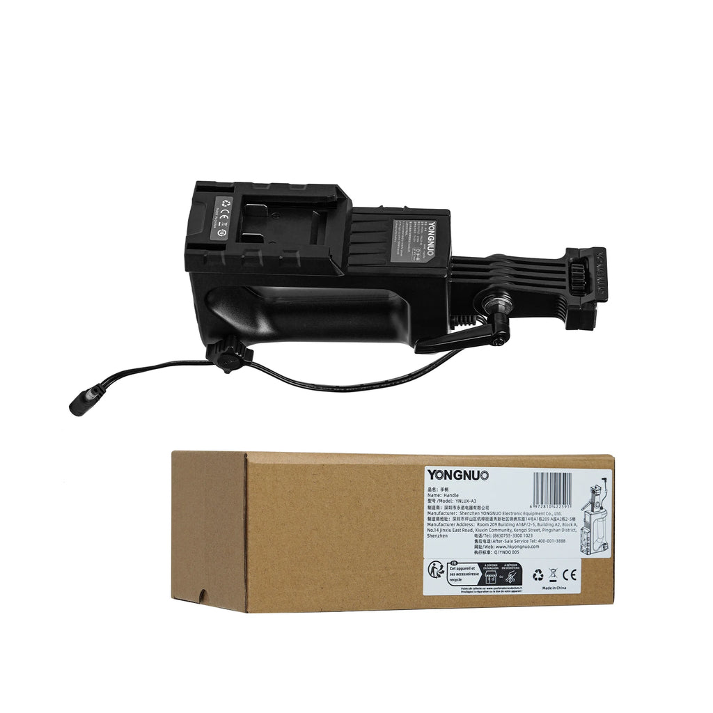 Black handheld mounting grip with battery adapter and power cable for LED video lights, shown with its product box.
