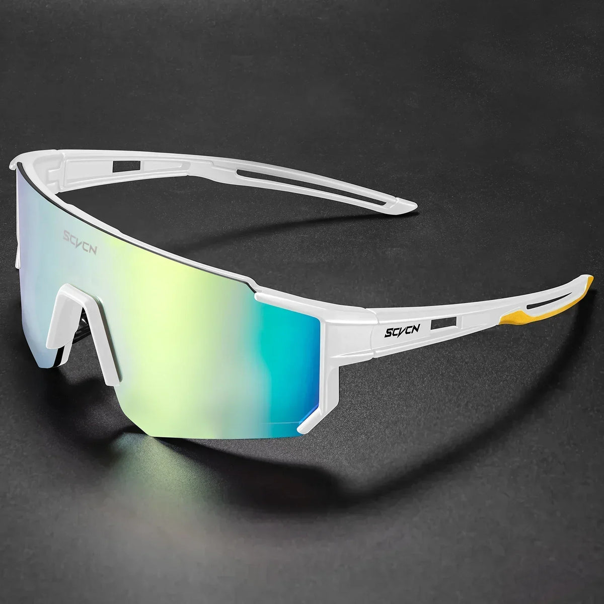 White cycling sunglasses with green-blue mirrored lens and wraparound frame