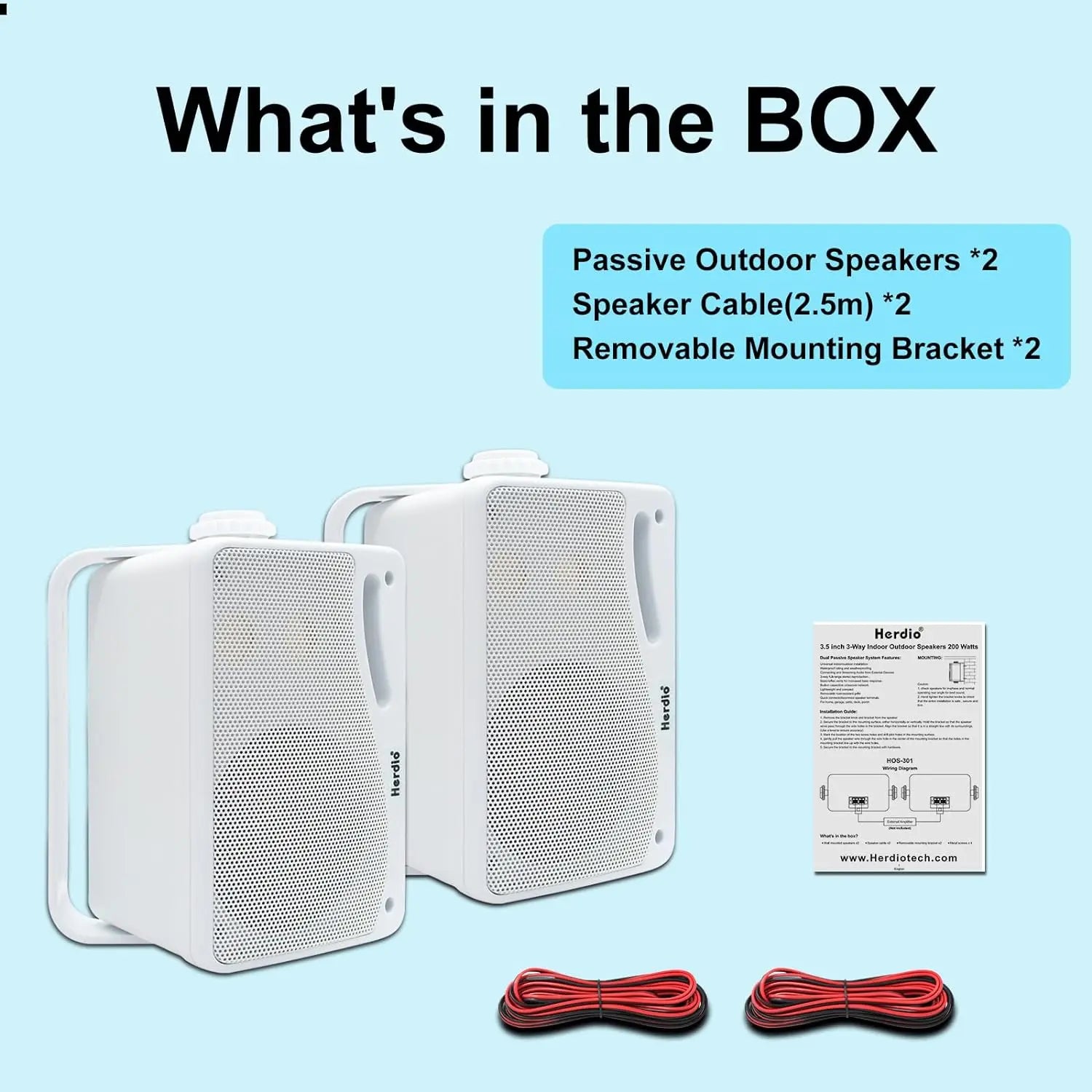 Herdio 3.5inch Outdoor Speaker 200W Waterproof Wall Mount Speakers HiFi Passive Wired 3 Way Premium Mountable Speake Black
