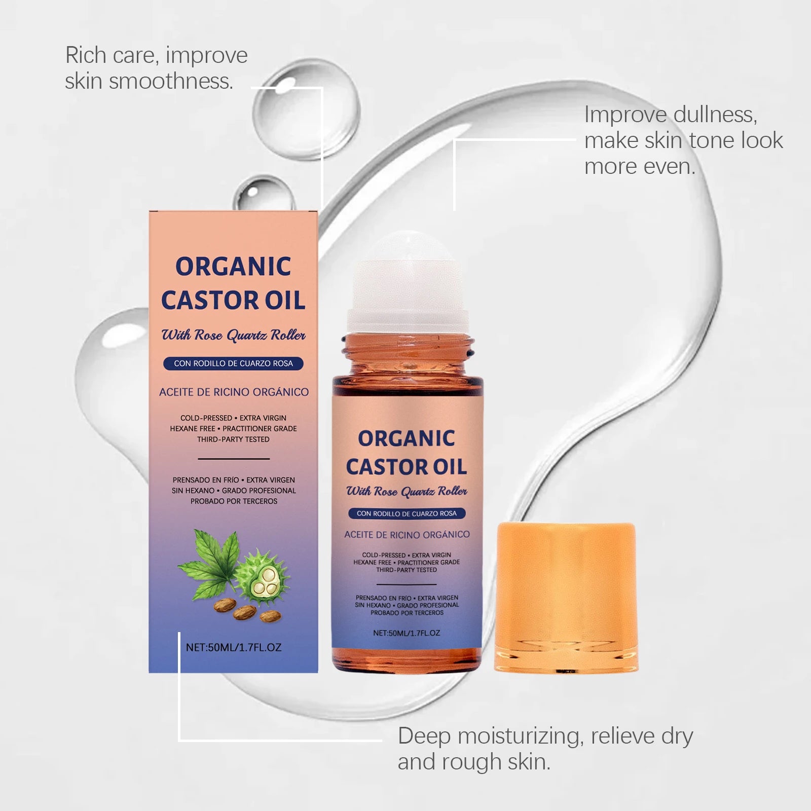 Organic Castor Oil Roll on Skin Care Essential Oil Moisturize Nourishing Brightening Deep Relaxation Face Body Massage Essence