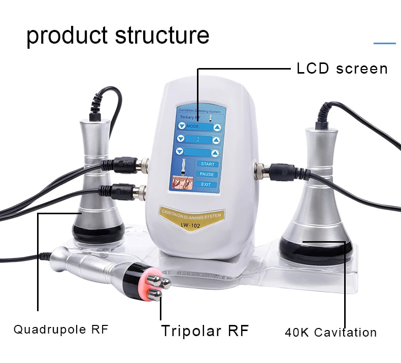 White 40k cavitation slimming machine with LCD screen, control unit, and three metallic body contouring probes.