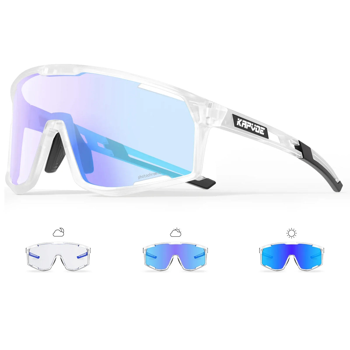 KAPVOE photochromic cycling sunglasses with clear white frame and blue lens.