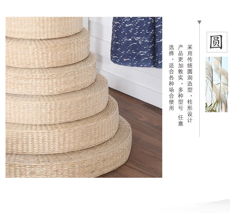 Round Woven Rush Cushion Meditation Zafu Yoga Mat for Floor Tatami Kneeling Tea Ceremony Zen Window Seat