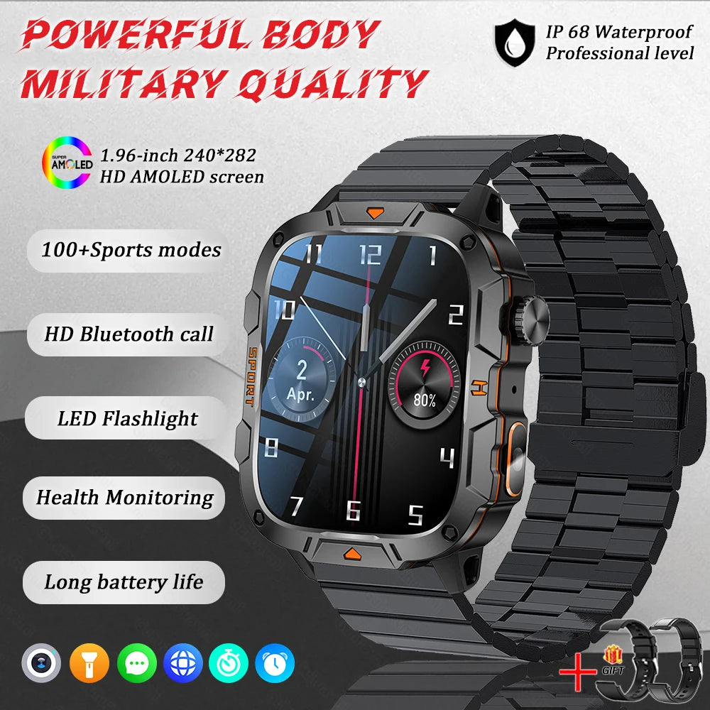 Men's rugged smart watch with black metal link strap and round AMOLED display