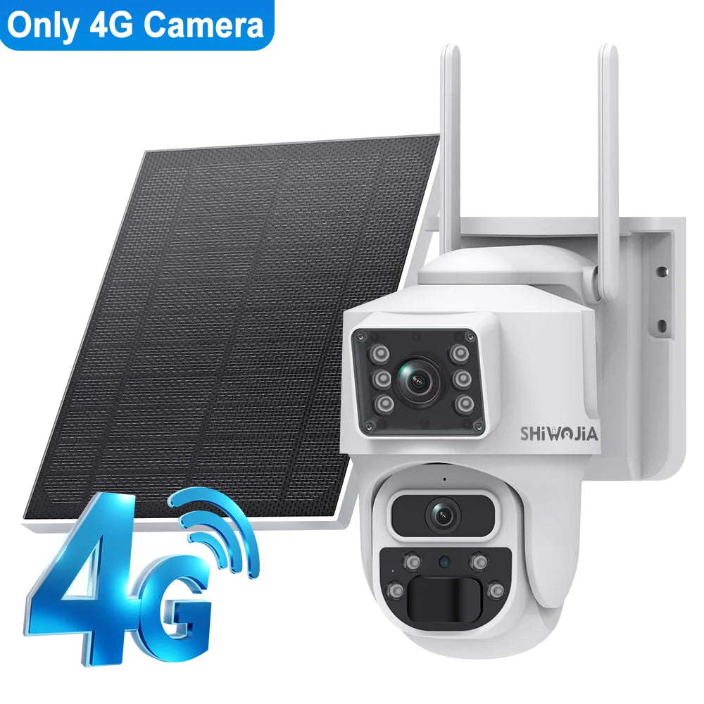White outdoor solar PTZ security camera with dual lenses and two solar panels