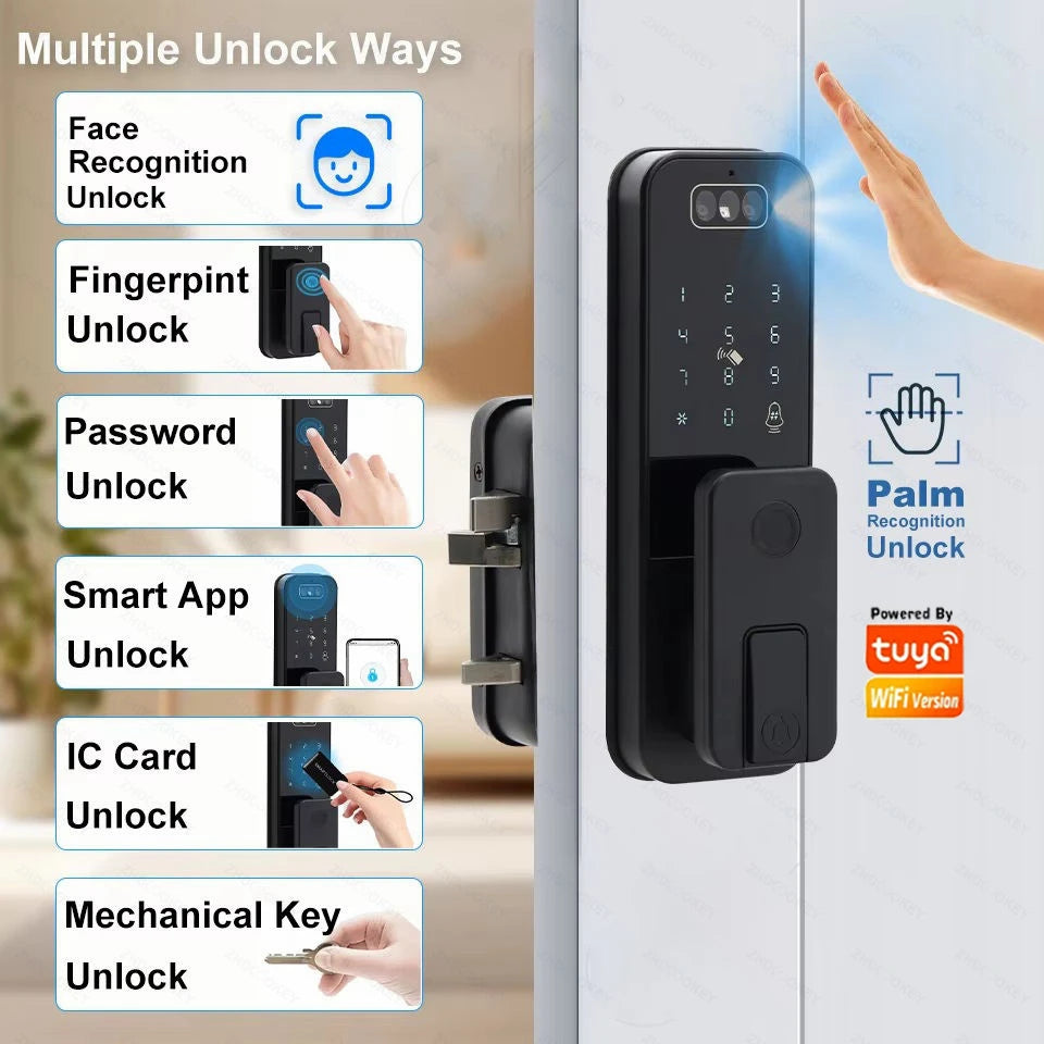 Smart Tuya WiFi APP Bluetooth Door Lock with Palm Vein Face Recognition Doorbell Waterproof Scissor Tongue Rim Locks No Drilling